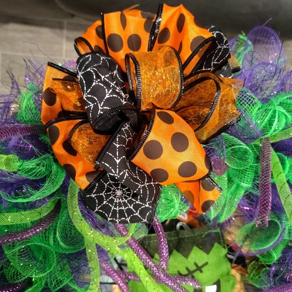 Hand Crafted Halloween Wreath with Frankenstein, Green and Purple Mesh - Picture 3 of 5